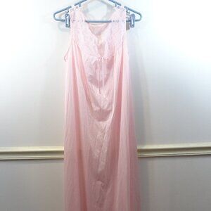 Vintage 70s Semi Sheer Pink Lace Empire Waist Lingerie Nightgown Size M Nylon